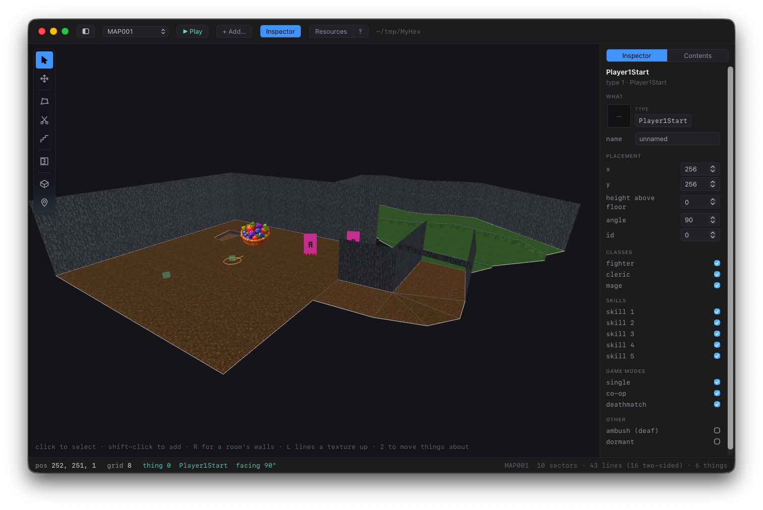 hex0r: der 3D-Level-Editor mit geöffnetem Inspector auf einem Player-Start