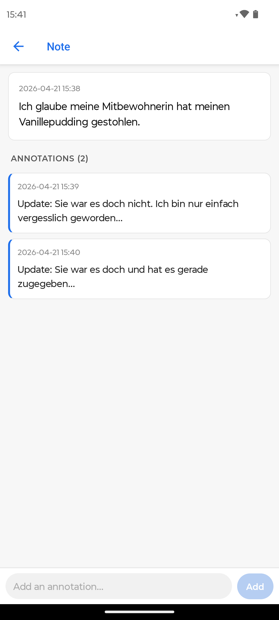 Eine Notiz in Noticer mit zwei nachträglichen Anmerkungen